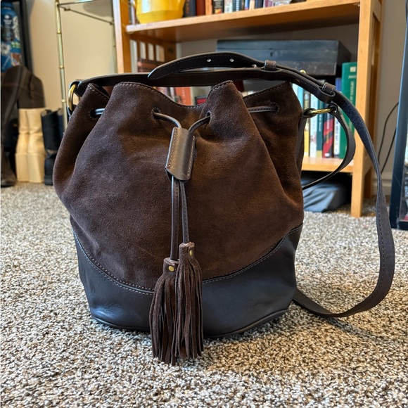 Brown and Black FRYE Suade Leather Paige Drawstring Bucket Bag - Picture 2 of 12